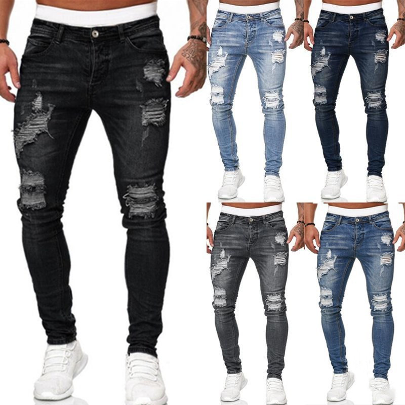 Fashion Street Style Ripped Skinny Jeans Vintage Wash Solid Denim Trouser Casual Slim Fit Pencil Denim Pants
