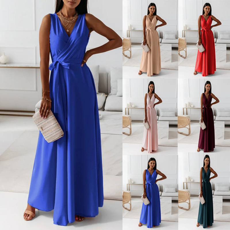 V-Neck Sleeveless Maxi Dress With Belt – Summer Party Style