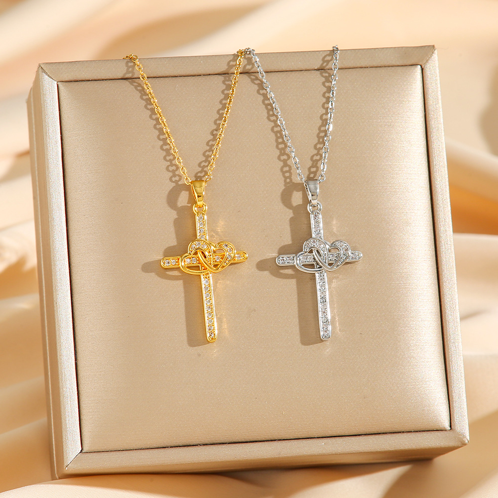 Double Ring Cross & Heart Necklace – Sparkling Zircon Pendant
