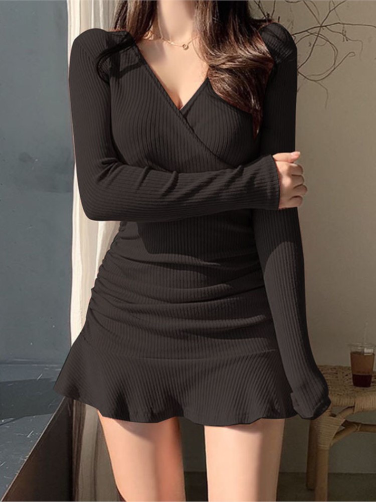 High-Waist Spliced Long Sleeve Dress