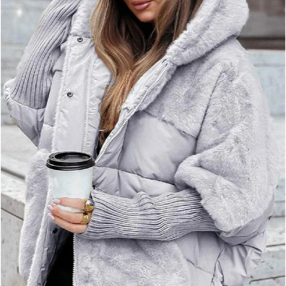 Loose Cotton Coat Faux Fur Patchwork Winter Coat Comfort Chic Long Sleeve Hooded Jacket