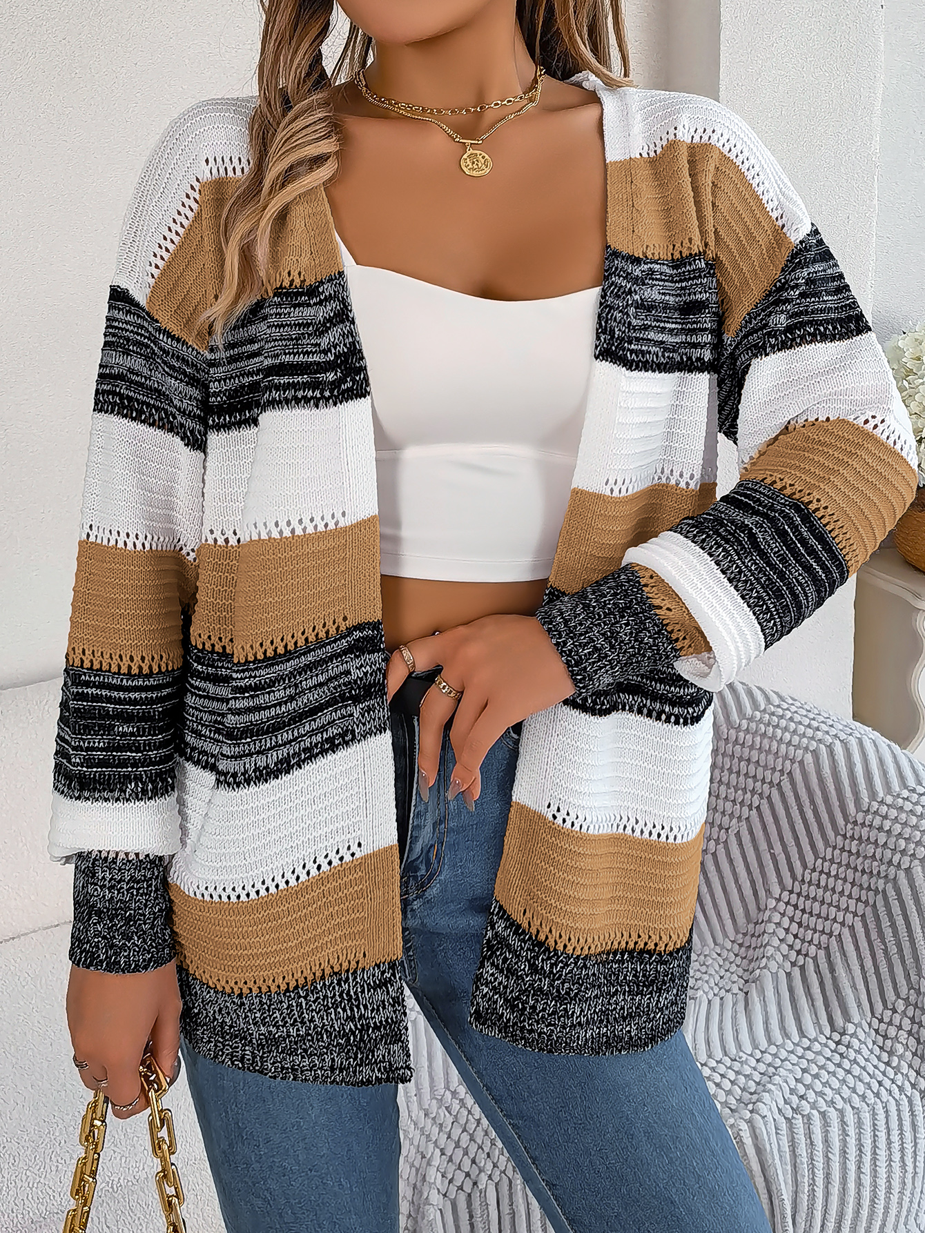 Casual Color Block Stripe Lantern Sleeve Cardigan Sweater Coat